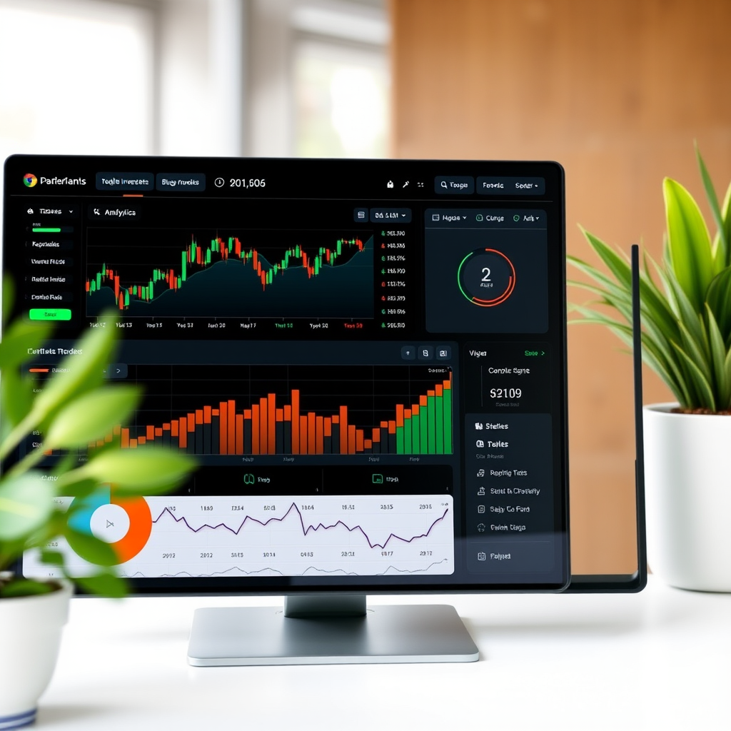 Moderní investiční dashboard zobrazující grafy akcií, portfolio přehled a analytické nástroje pro začínající investory