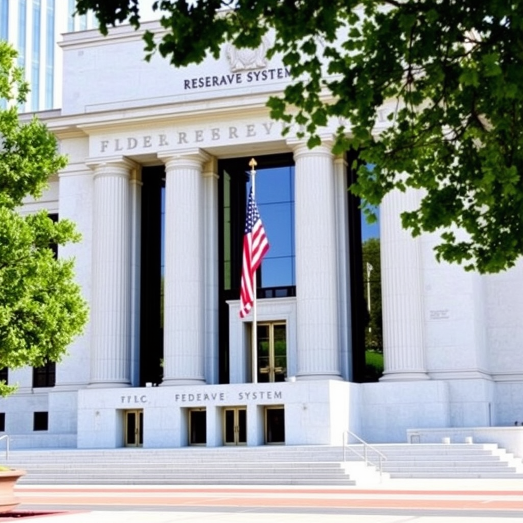 Budova Federálního rezervního systému ve Washingtonu D.C. s americkou vlajkou, moderní architektura s vysokými sloupy a skleněnými okny