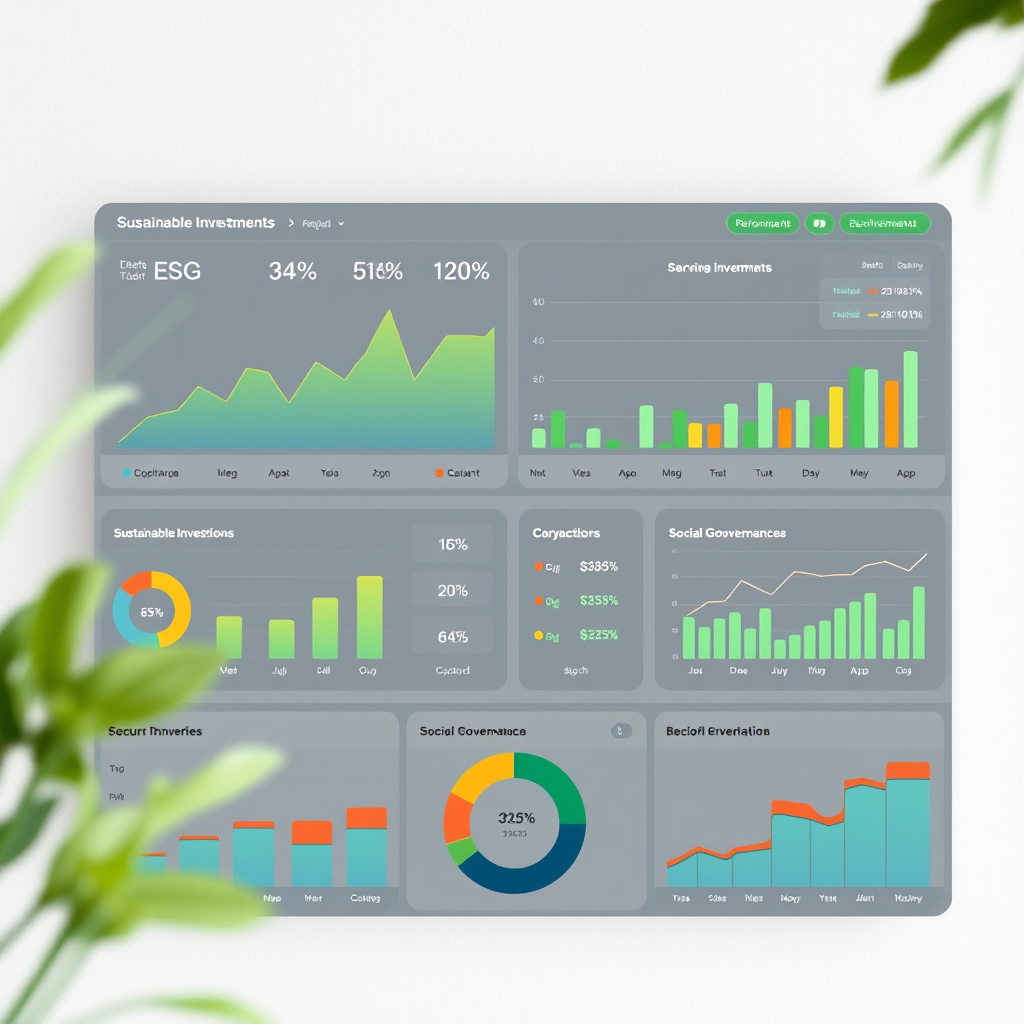 Moderní dashboard zobrazující ESG metriky a grafy výkonnosti udržitelných investic s environmentálními, sociálními a správními ukazateli
