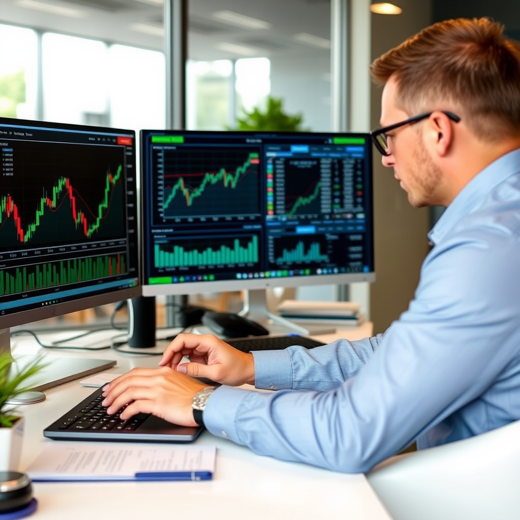 Professional investment advisor analyzing financial charts and market data on multiple screens, providing personalized investment guidance to clients in a modern office setting