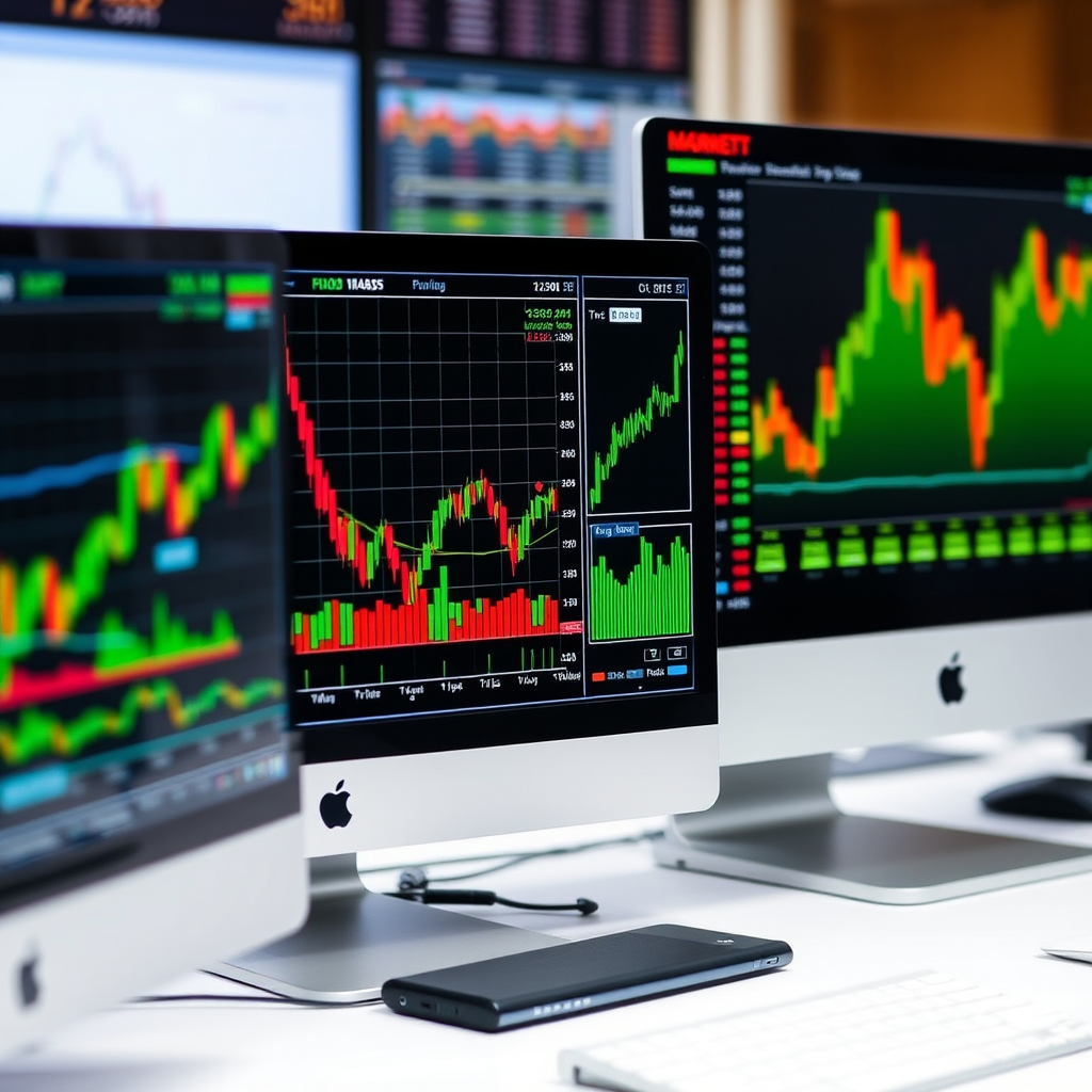 Detailní grafy a analýzy tržních trendů zobrazené na počítačových monitorech s finančními daty a investičními ukazateli