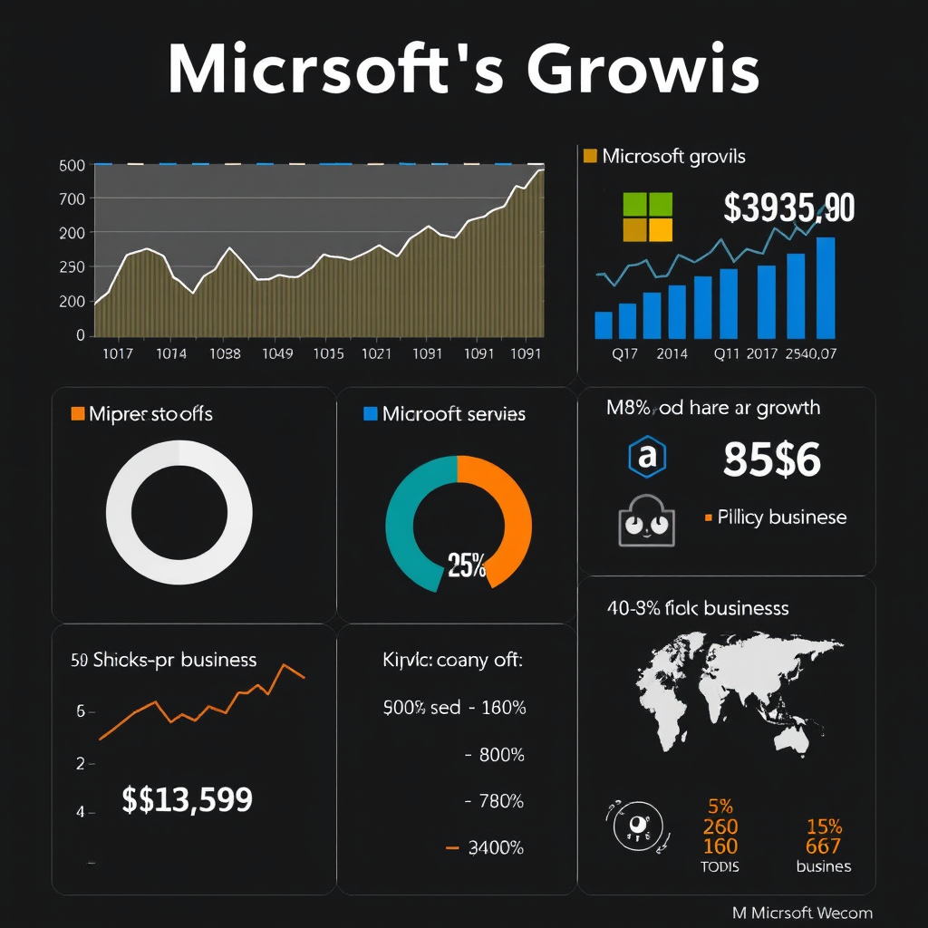 Analýza růstu společnosti Microsoft zobrazující výkonnost akcií a klíčové obchodní metriky