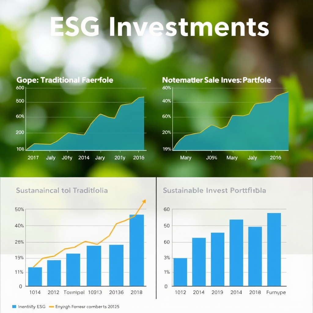 Grafy a analýzy výkonnosti ESG investic zobrazující porovnání tradičních a udržitelných investičních portfolií s růstovými trendy