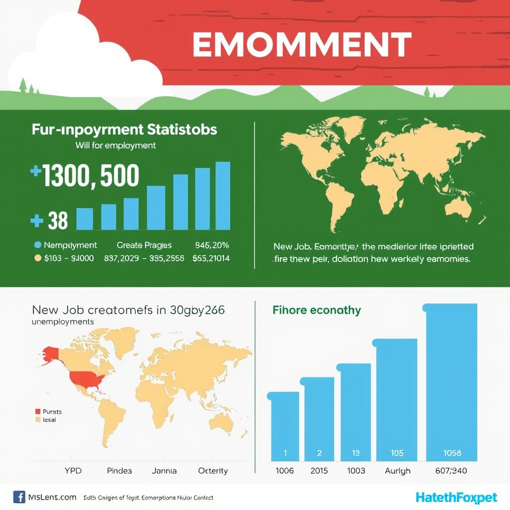 Infografika zobrazující statistiky zaměstnanosti s grafy nezaměstnanosti a vytváření nových pracovních míst v hlavních ekonomikách
