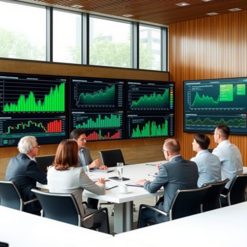 Investiční strategická schůzka s grafy a analýzami na velkých monitorech, tým poradců diskutuje nad finančními daty