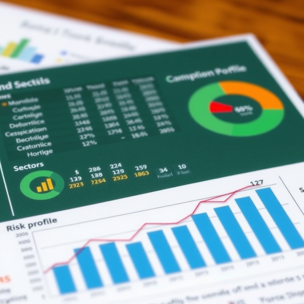 Detailní analýza investičního portfolia s grafy výkonnosti různých aktiv, sektorové diverzifikace a rizikového profilu