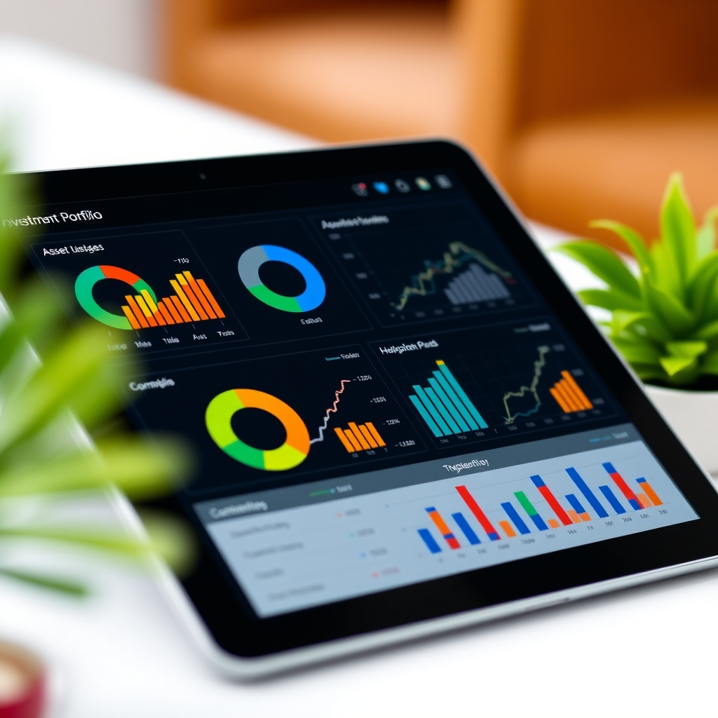Moderní investiční portfolio zobrazené na tabletu s různými grafy, koláčové grafy alokace aktiv, růstové křivky a finanční metriky na elegantním rozhraní