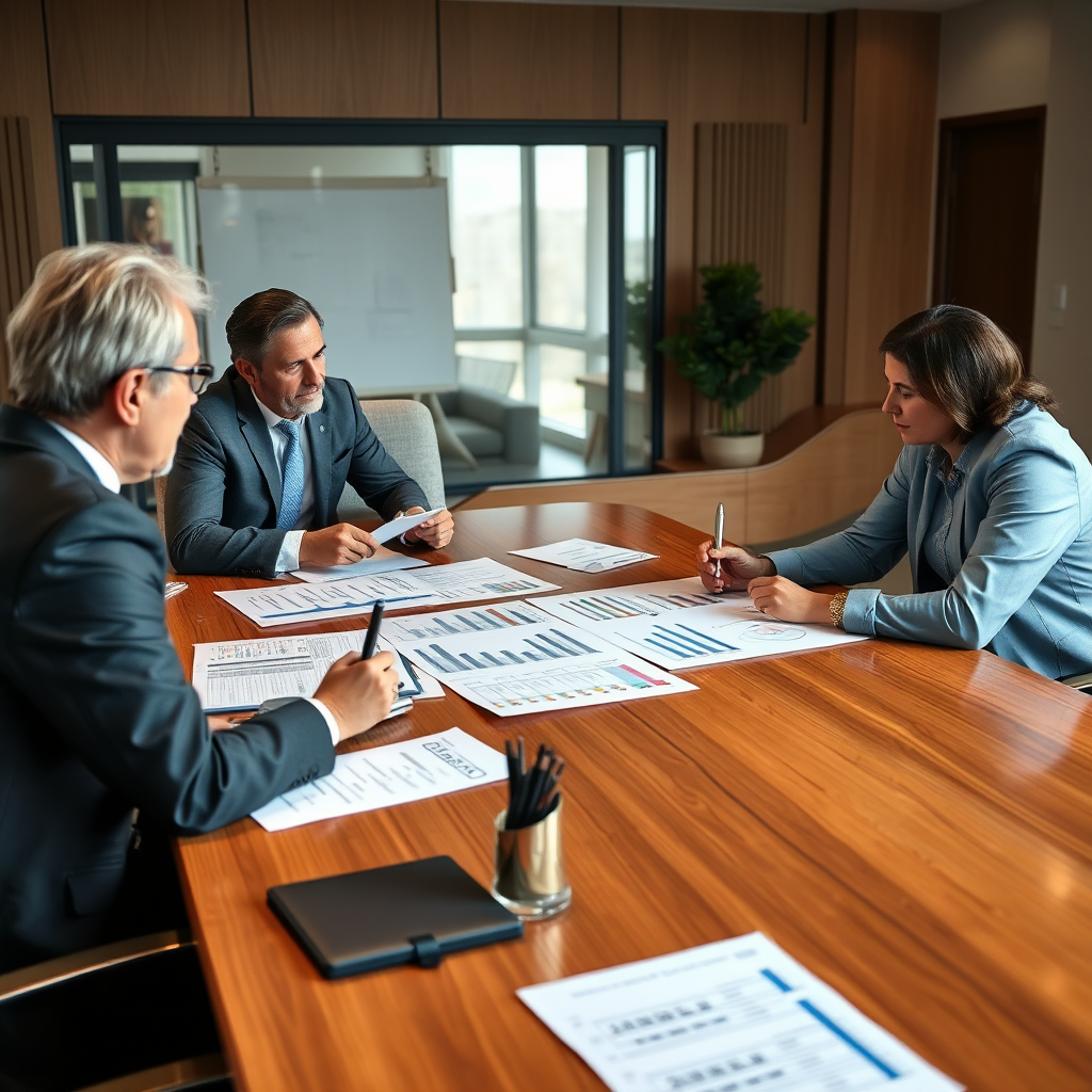 Financial planning consultation session with advisor and client reviewing comprehensive financial plans, retirement strategies, and investment goals on a large conference table
