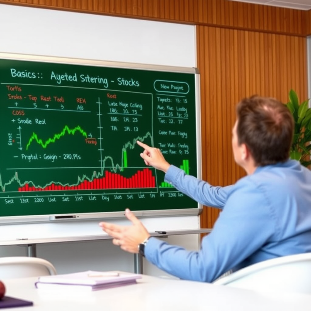 Vzdělávací workshop o investování pro začátečníky, lektor vysvětluje základy akcií a investic na interaktivní tabuli