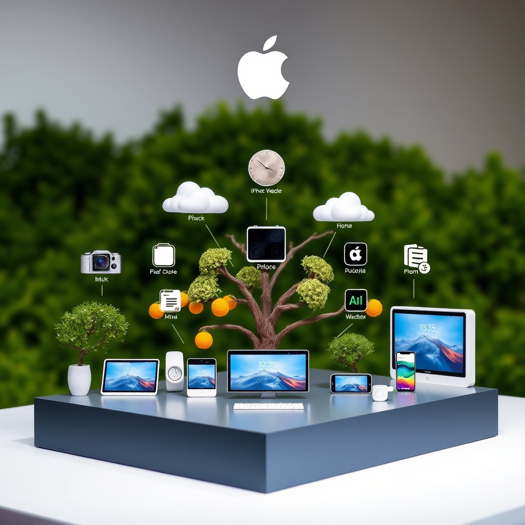 Ekosystém inovací společnosti Apple zobrazující různé produkty a služby integrované do jednoho systému