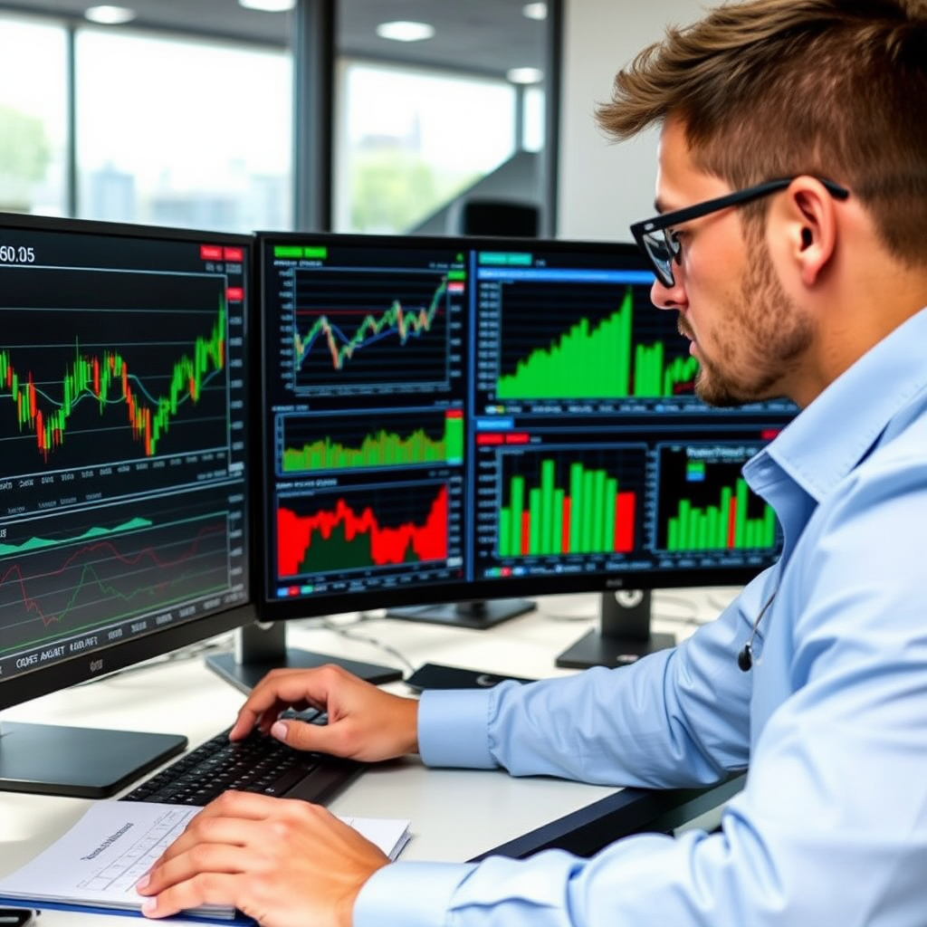 Market research analyst working with multiple monitors displaying stock charts, market trends, sector analysis, and investment research data for comprehensive market analysis